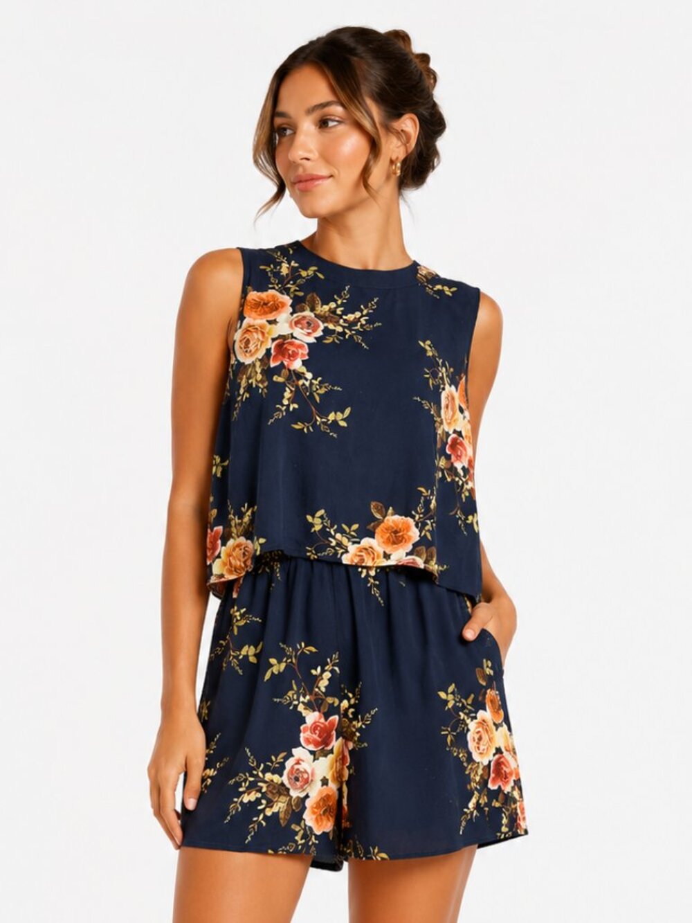 Umgee Navy Floral Overlay Romper Medium Boho Sleeveless